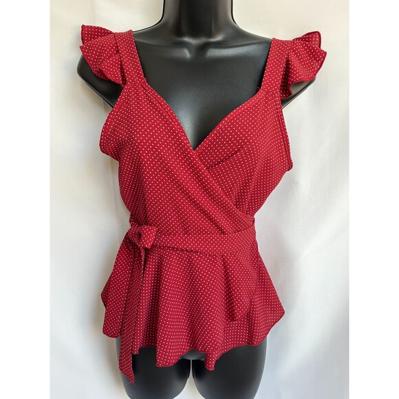 NEW New Made USA Red Wrap Blouse Size S Polka Dot Pinup Retro Flutter Sleeve - Picture 1 of 11